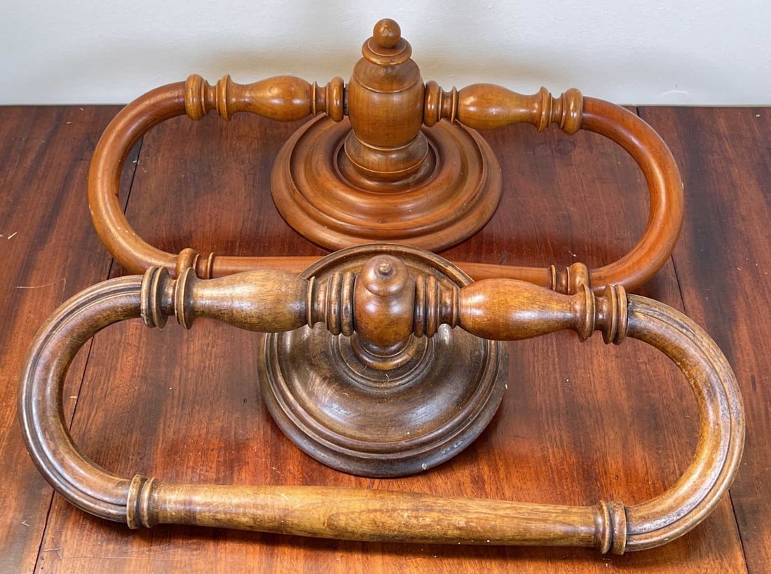(2) FRENCH FINELY TURNED WOODEN TOWEL RACKS: 17 3/4" long.