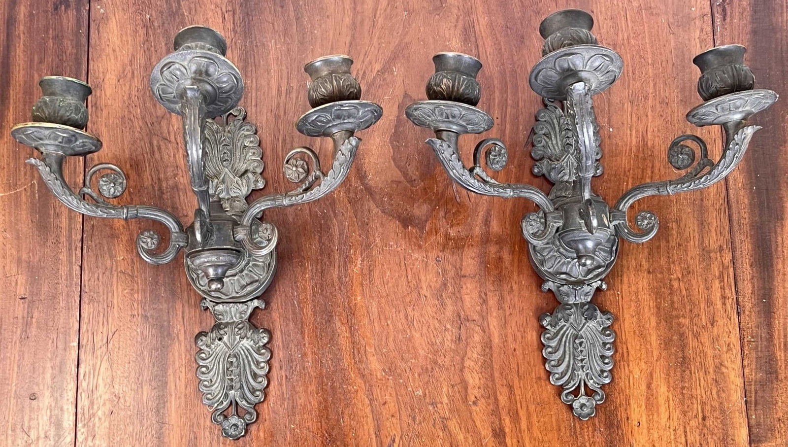 PAIR (19th c) BRONZE (3) LIGHT WALL SCONCES: Wonderful patina. 9" long