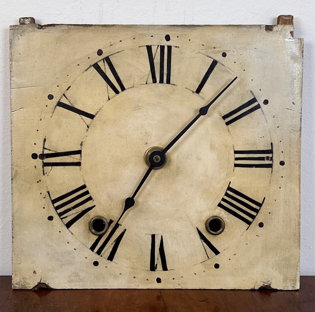(19th c) HAND PAINTED WOODEN CLOCK FACE: Converted to run on battery powered works. 8 1/4" x 8 7/8"