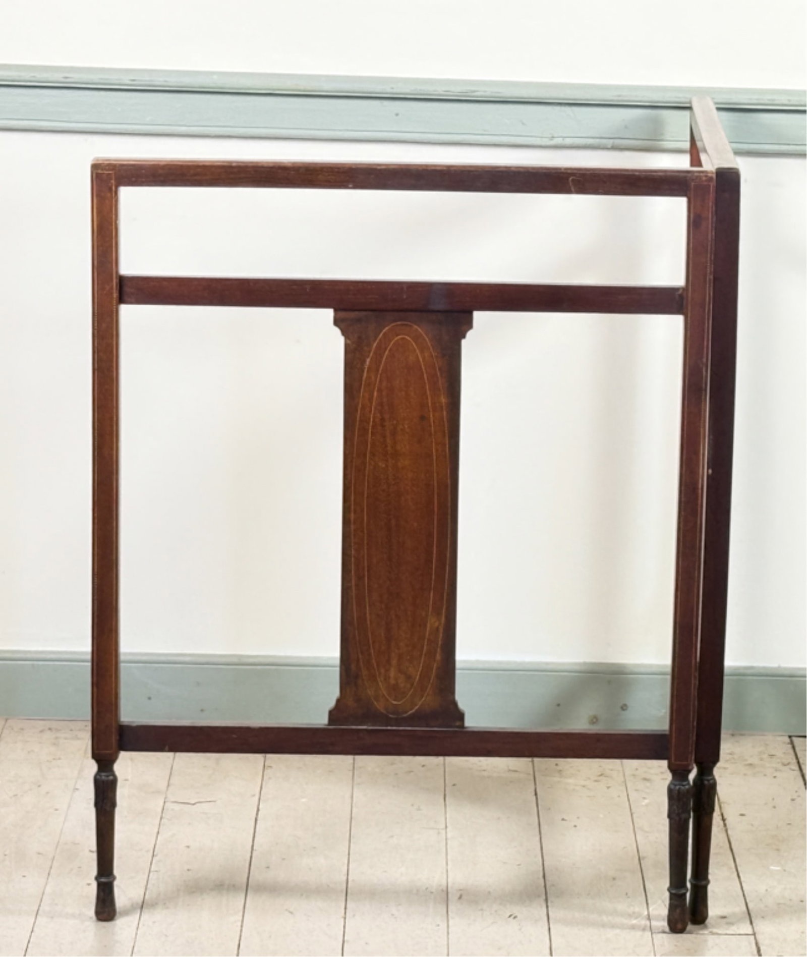 (19thc) INLAID MAHOGANY FOLDING SCREEN: On turned feet with string inlay decoration. 33 x 25 1/2 inches when closed.