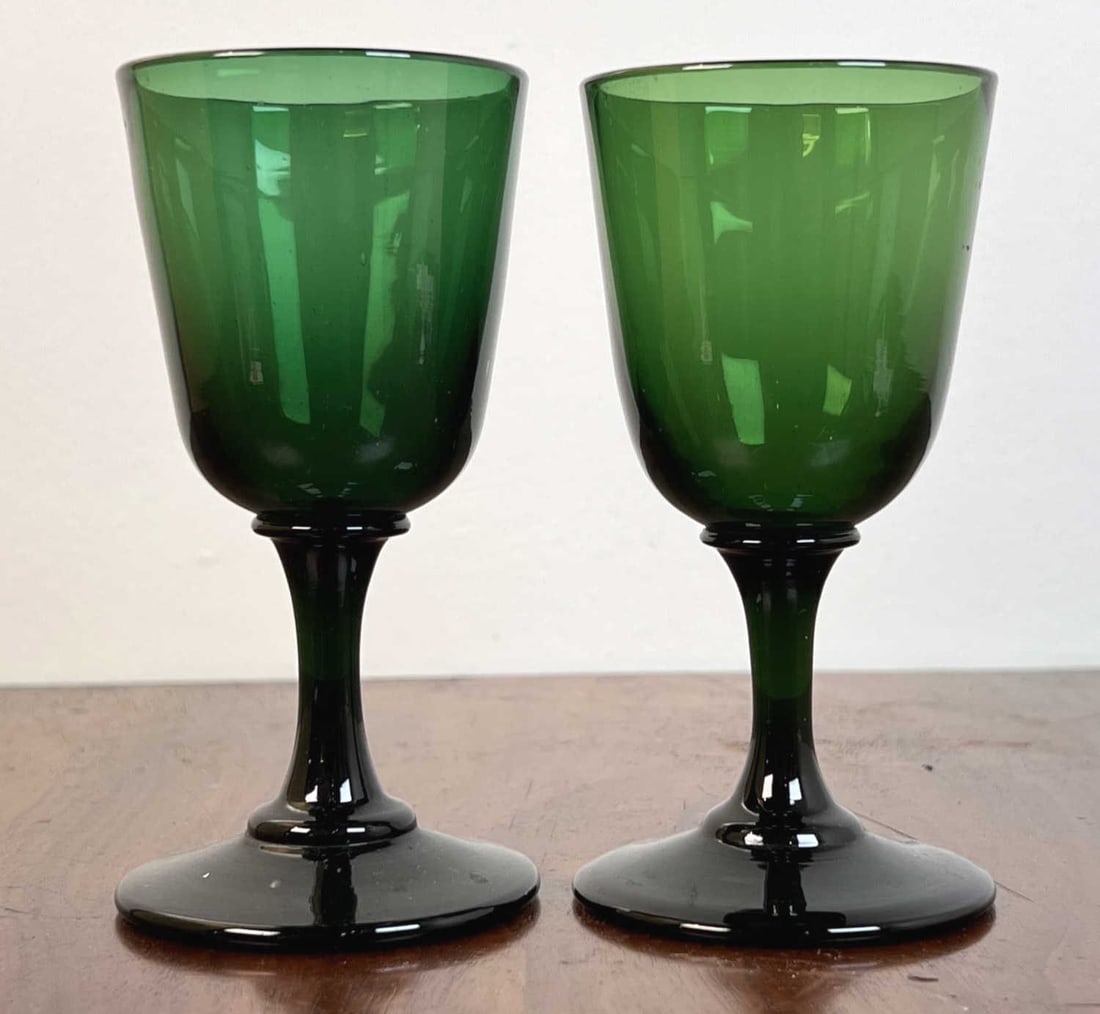PAIR OF (19th c) BRISTOL GREEN WINE GLASSES: 4 7/8" tall