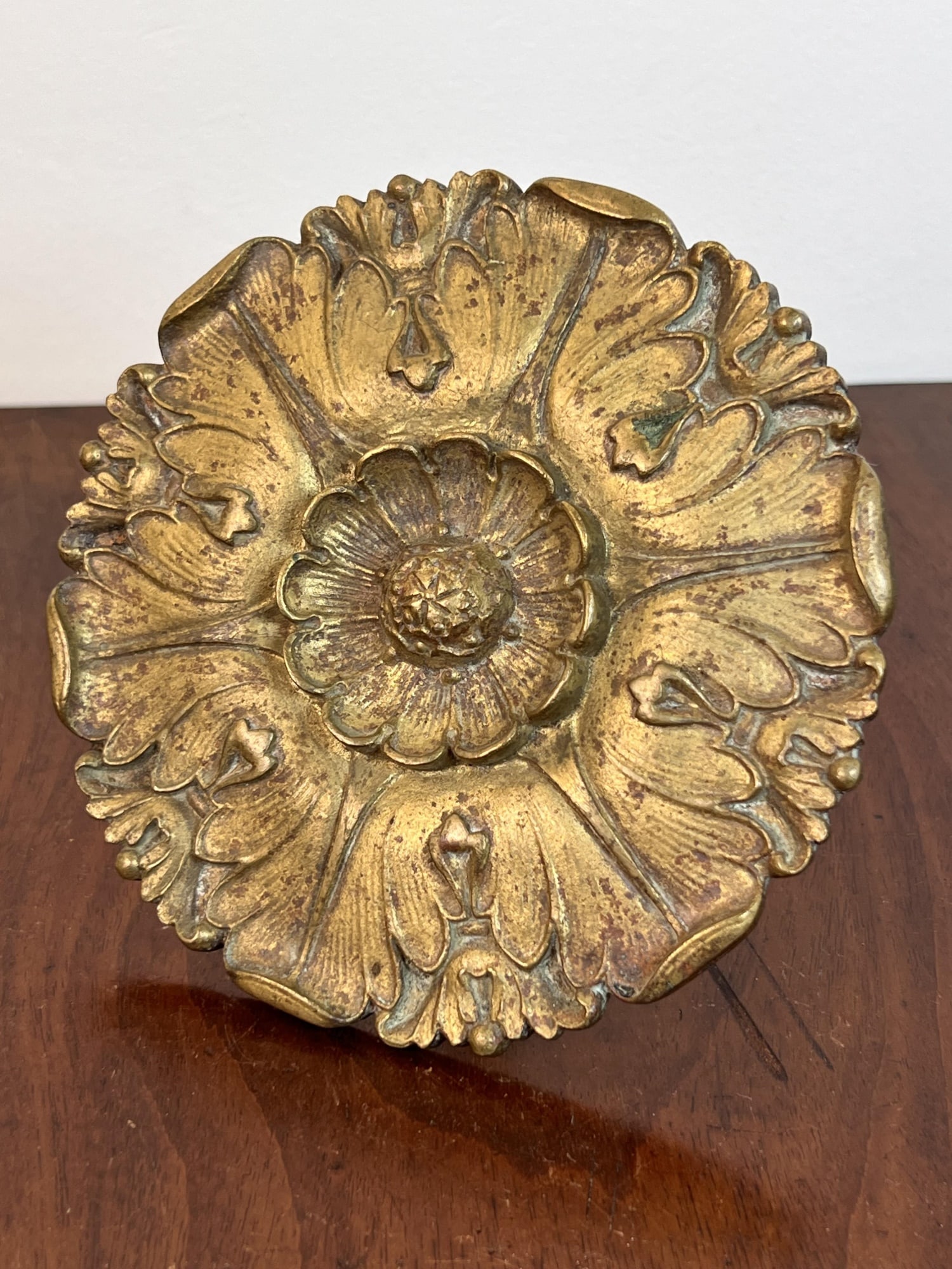 (19thc) CAST BRONZE FLORAL PIN BACK: Marked P.E.G. NY on back. 5" dia