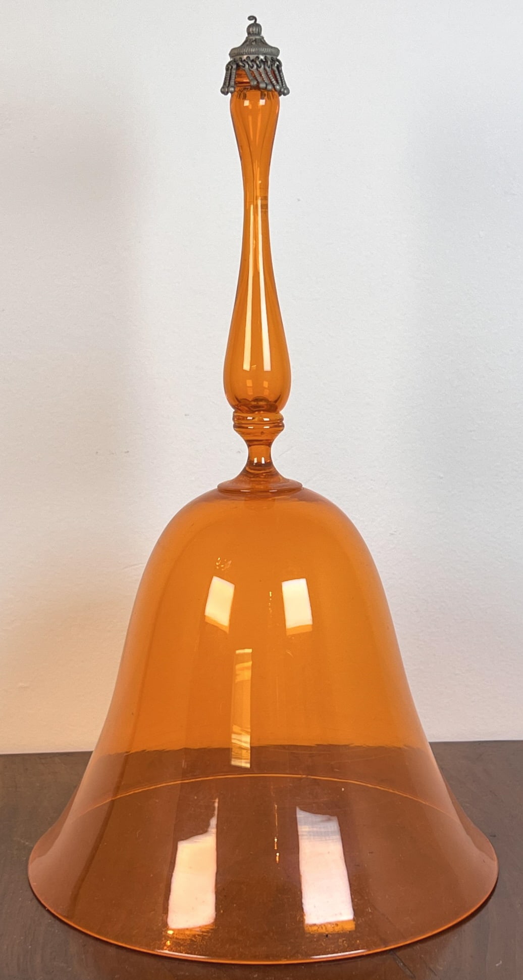 LARGE (19th c) BLOWN ORANGE GLASS BELL: 12" tall. Clanger absent