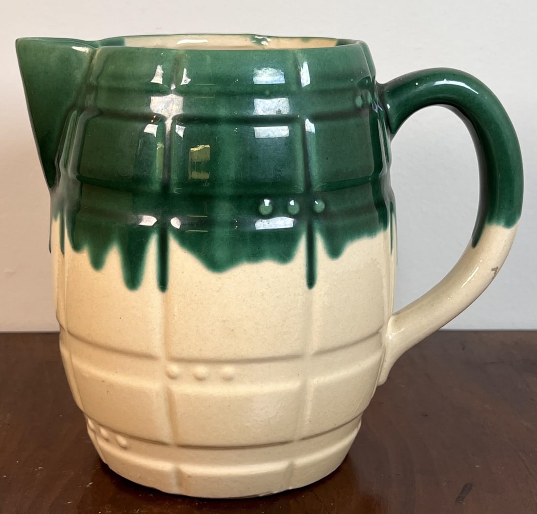 VINTAGE GLAZED ART POTTERY PITCHER: 6 1/4" tall. Unmarked
