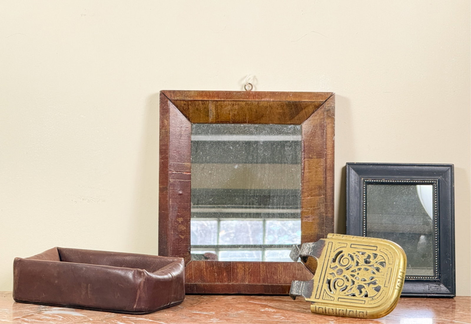 (2) MIRRORS, DOPP KIT & BRASS CARRIAGE STEP: walnut mirror measures 14 1/2 x 12 1/2 inches.