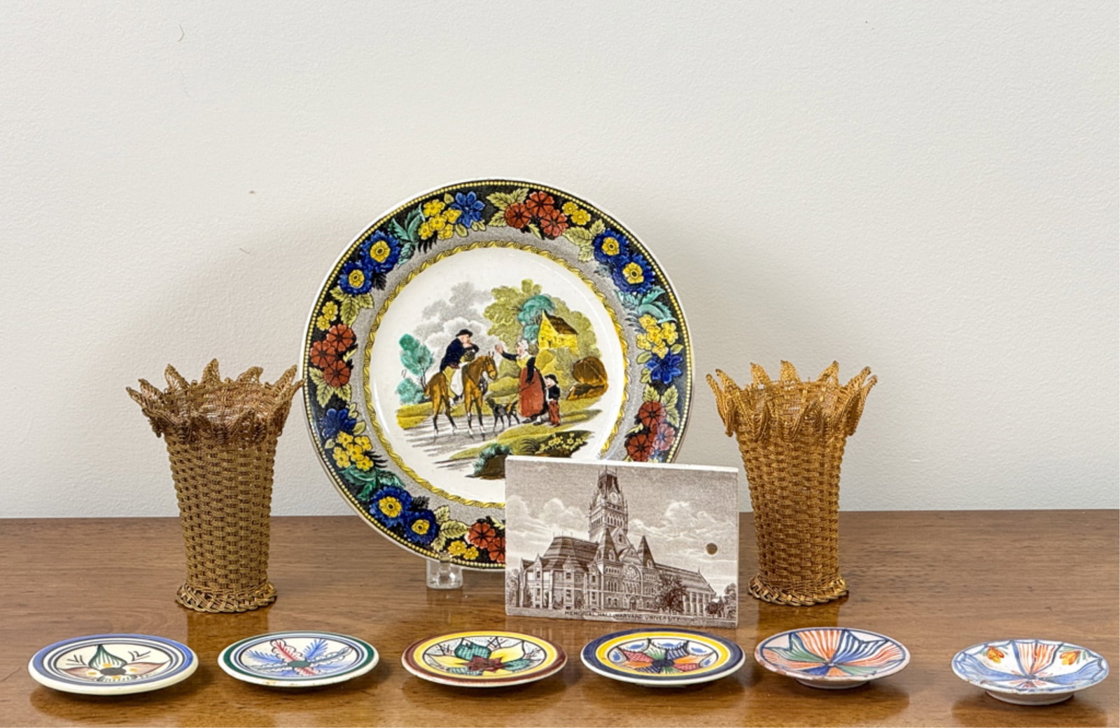 SOFT PASTE, QUIMPER & FRENCH WIRE WORK BASKETS: Basket measures 4 1/2 inches tall.
