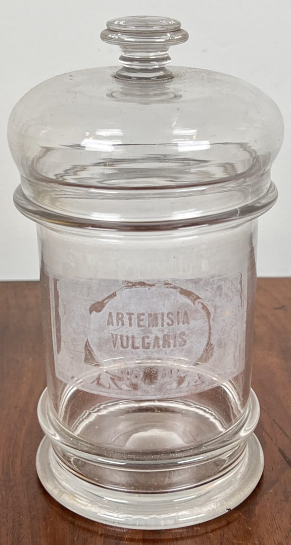 (19th c) HAND BLOWN ARTEMISIA VULGARIS STORAGE JAR: Artemisia Vulgara, also known as mugwart. 7 1/4" tall