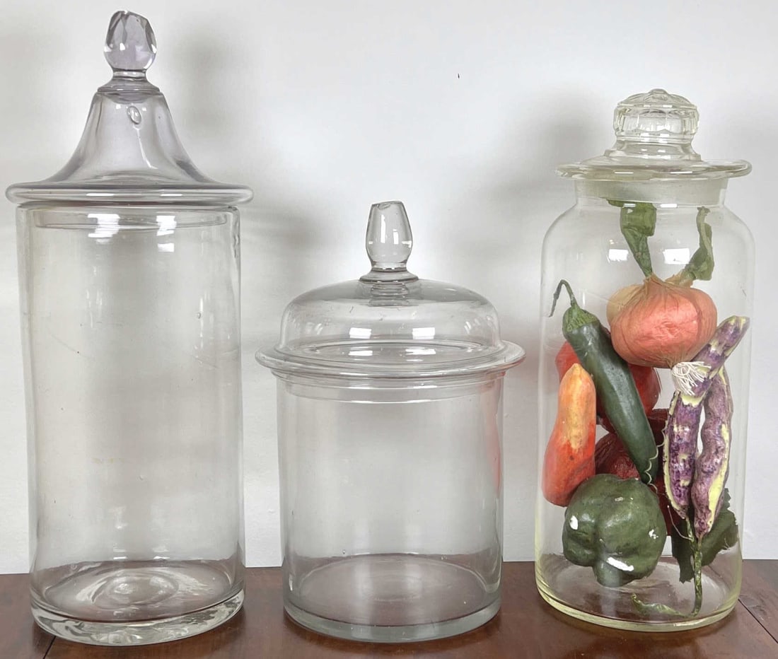 (3) (19th c) PHARMACY STORAGE JARS: Tallest 14 3/4"