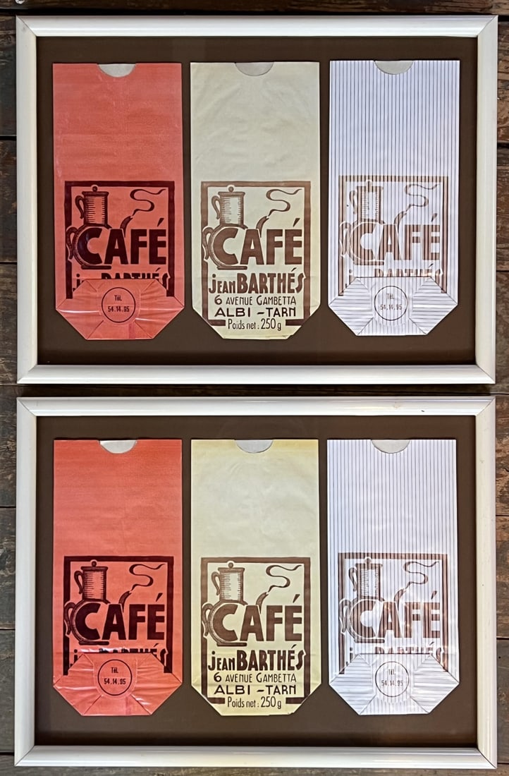 PAIR OF FRAMED VINTAGE FRENCH COFFEE BAG DISPLAYS: 13" x 17" framed