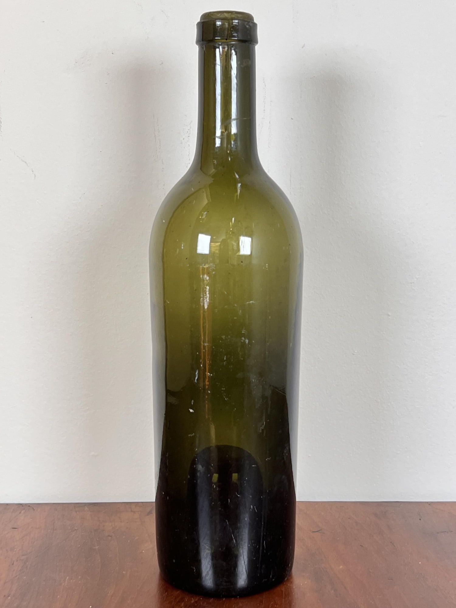 HAND BLOWN OLIVE GREEN GLASS BOTTLE: 11 5/8" long