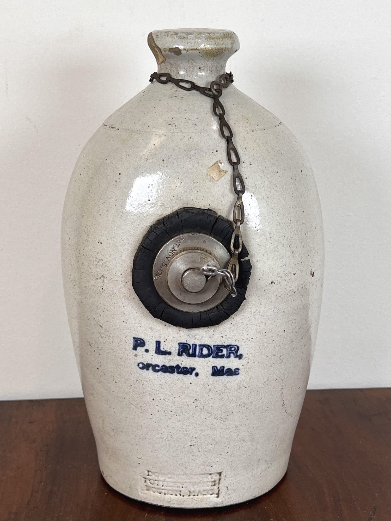 HENDERSON SALT GLAZED STONEWARE FOOT WARMER: Dorchester Pottery Works with P.L. Rider stamp. 11 1/2" long
