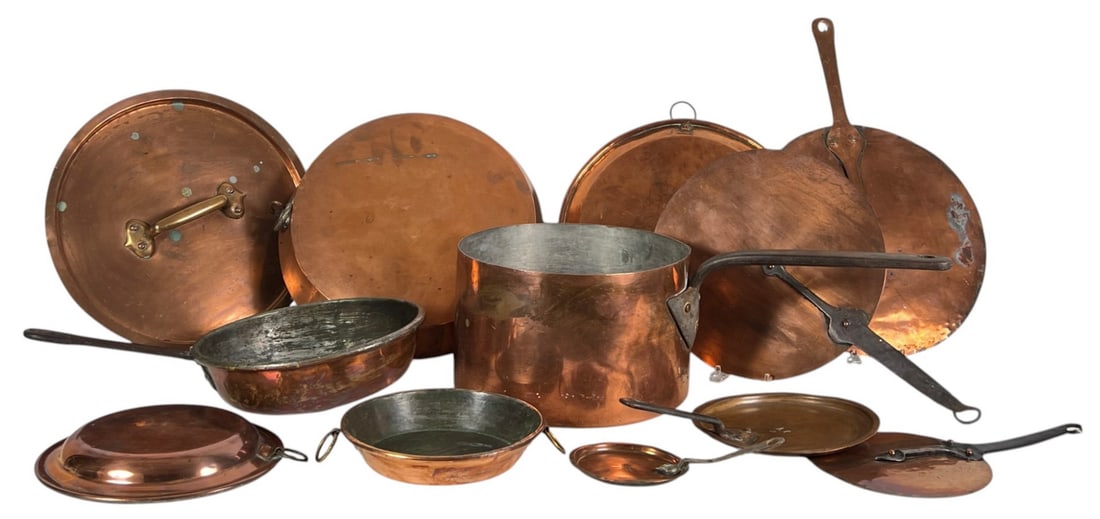 GROUPING MOSTLY (19thc) COPPER COOKWARE & LIDS (1 of 12)