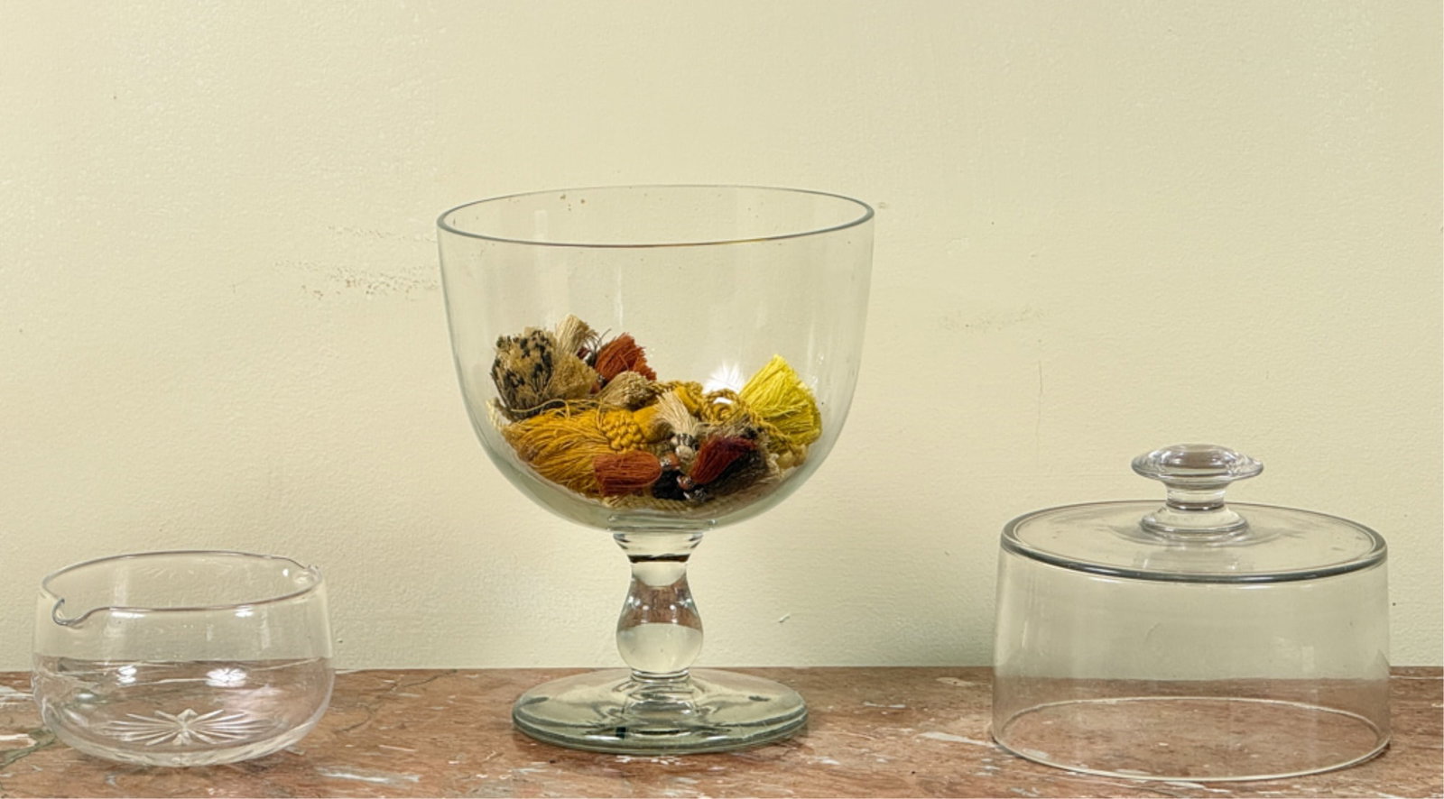 (19thc) WINE RINSER, CHEESE CLOCHE & COMPOTE: Tallest measures 8 3/4 inches.