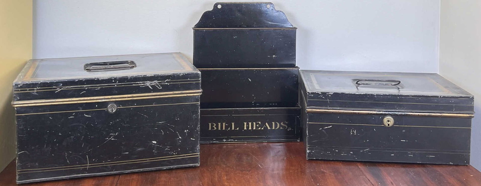 (2) TOLEWARE PAINTED DOCEMENT BOXES & WALL POCKET (1 of 9)