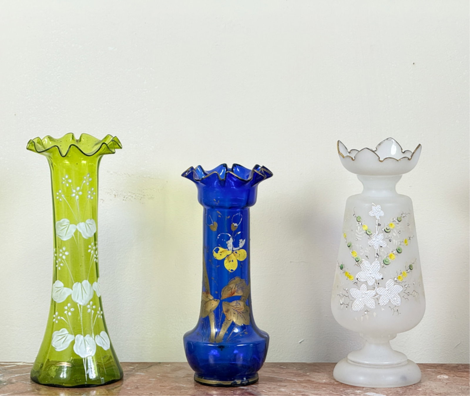 (3) VICTORIAN GLASS ENAMELED VASES: Tallest measures 9 1/4 inches.