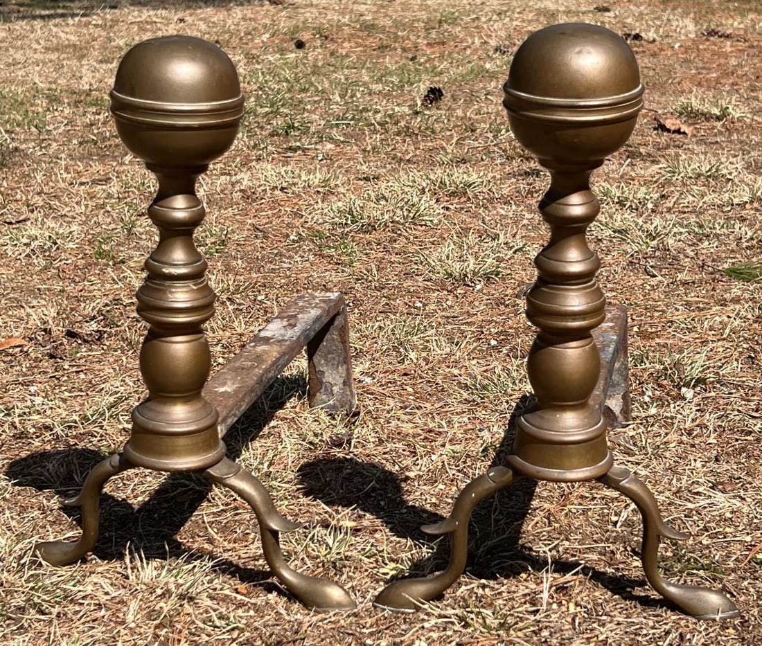 PAIR (19thc) BRASS ANDIRONS: Makers mark on iron. 14 1/2" tall