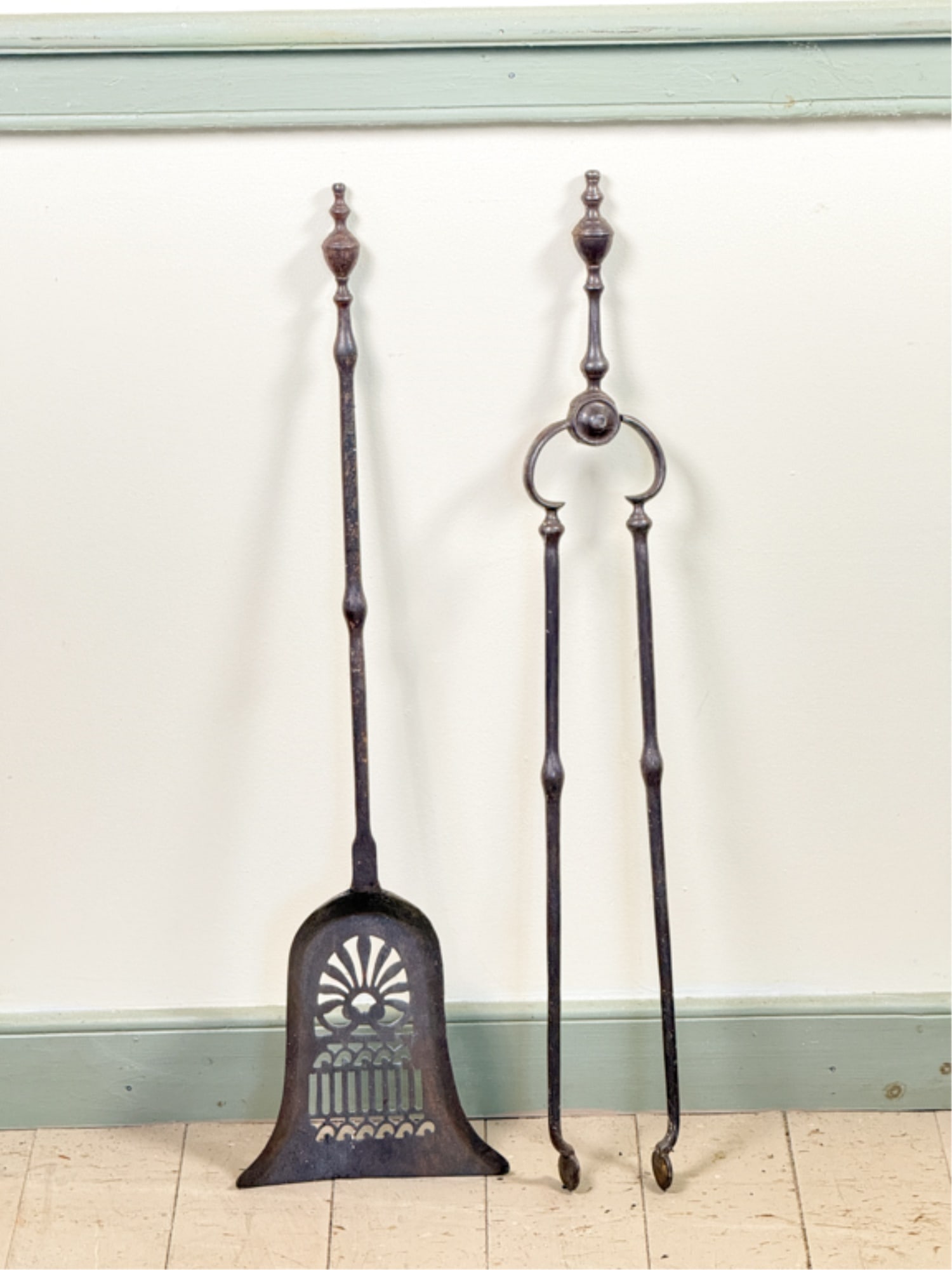 PAIR (19thc) ENGLISH STEEL FIREPLACE TOOLS (1 of 5)