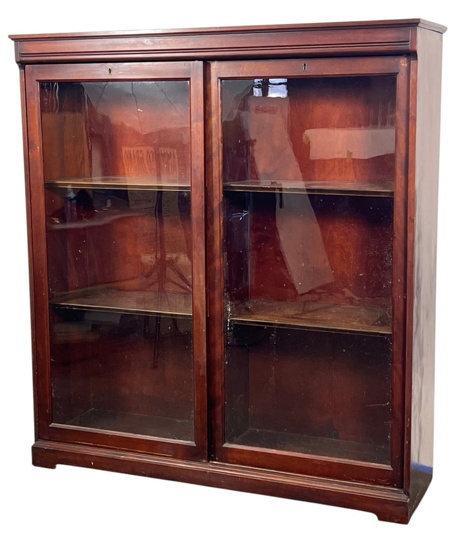 MURCH & LOOMIS GLASS FRONT MAHOGANY BOOKCASE: (6) Shelf empire style bookcase with (2) sliding glass doors. 52 1/4 x 47 5/8 x 14 1/2 inches.