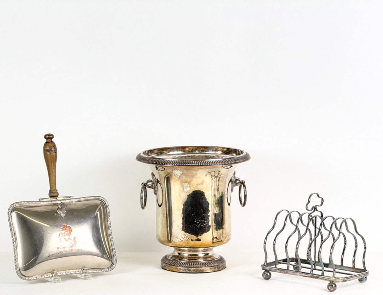 PLATED SILENT BUTLER, TOAST RACK & WINE COOLER: Tallest measures 8 inches.