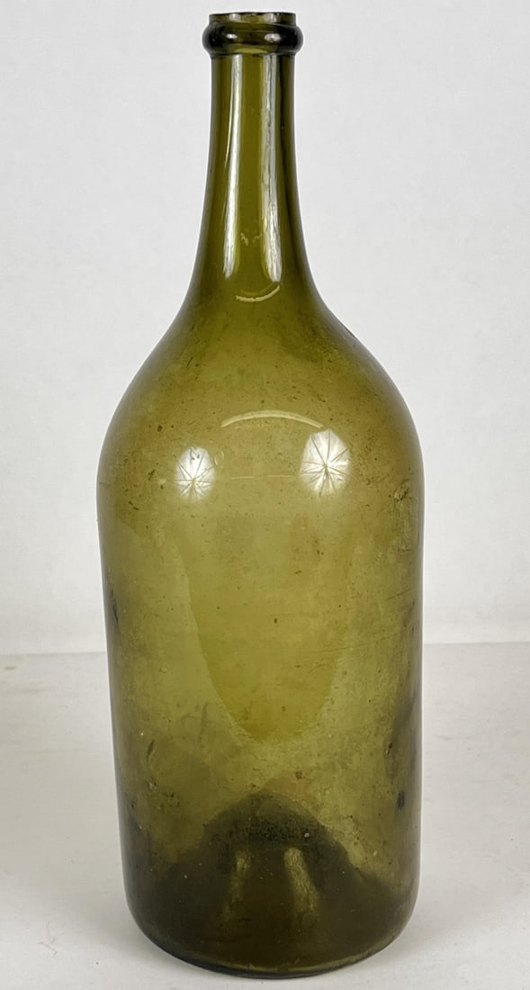 (19th c) HAND BLOWN OLIVE GREEN GLASS BOTTLE (1 of 6)