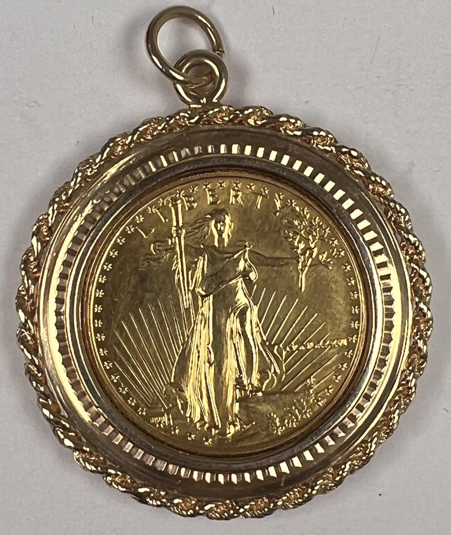 WALKING LIBERTY GOLD COIN MOUNTED w 14K GOLD BEZEL: Liberty gold coin in 14k gold bezel pendant. 1 1/4" dia. 13.7 grams 750