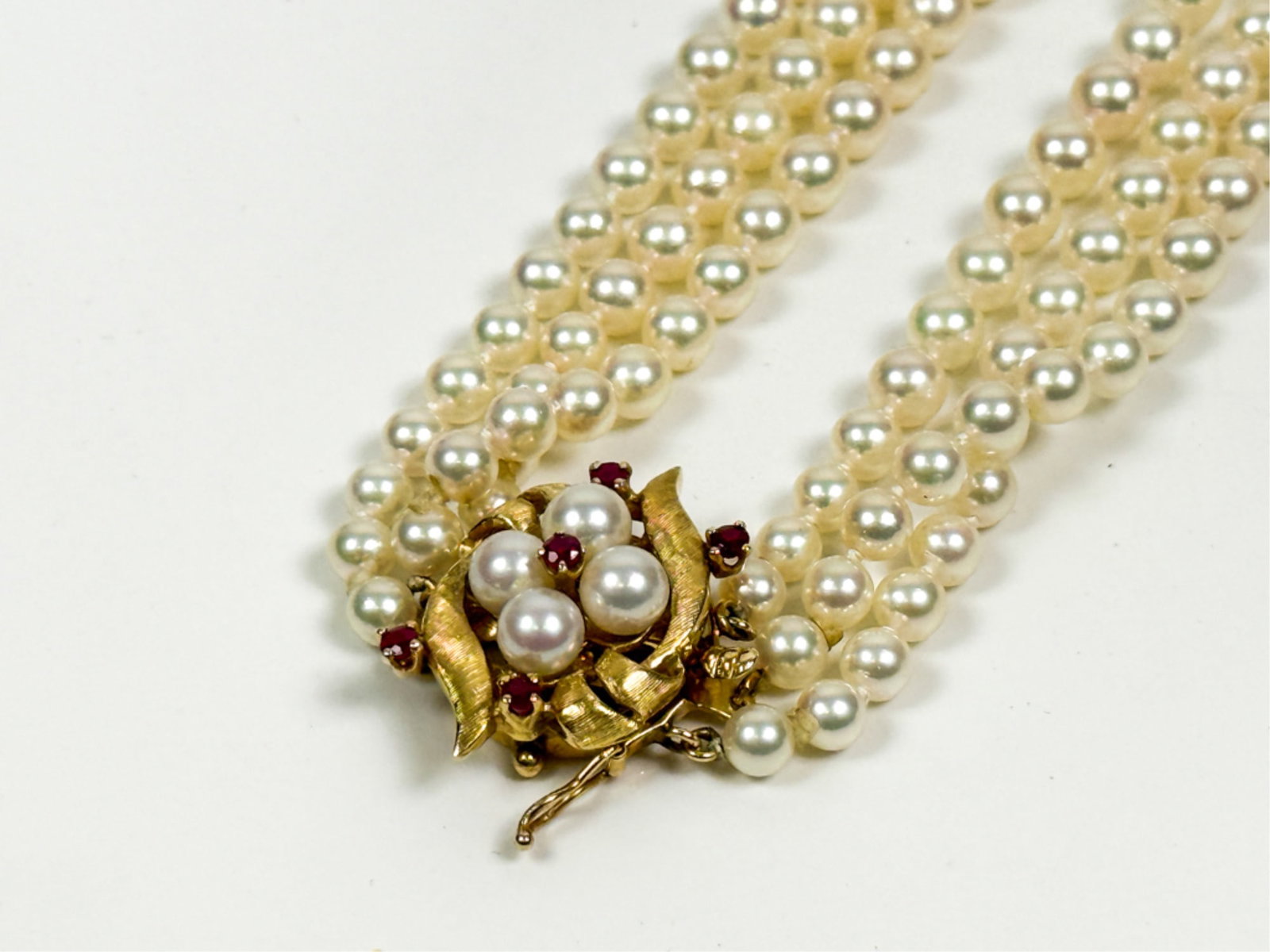 (3) STRAND PEARL NECKLACE w 14K GOLD & RUBY CLASP (1 of 10)