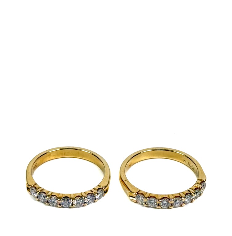 PAIR KUBER 14K GOLD & DIAMOND WEDDING BANDS: Hallmarked. Each set with (7) 3 mm diamonds. Ring size 6. Gross weight 5.07 grams.