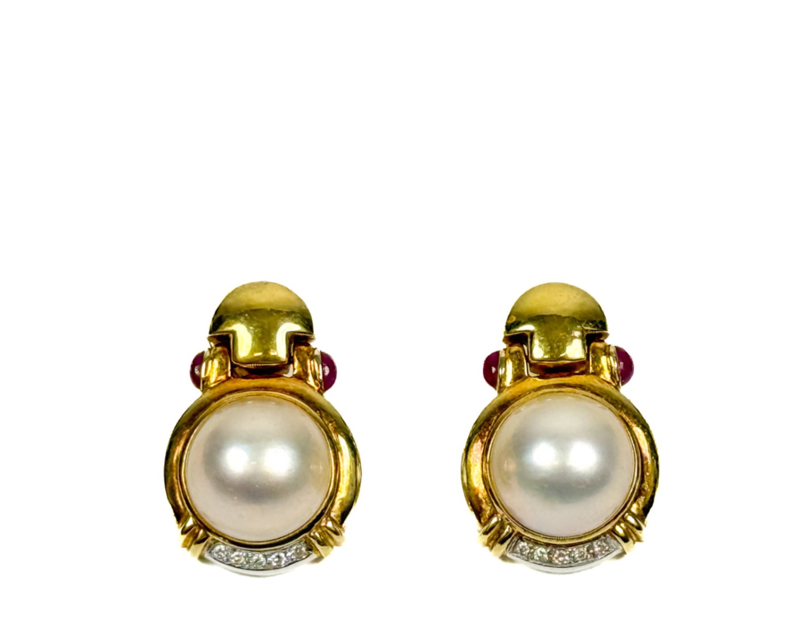 PAIR 14K GOLD, DIAMOND, AMETHYST & PEARL EARRINGS: 14k clip on earrings set with Mabe pearls, (5) small diamonds and (2) amethysts. 1 1/2 inches. Gross weight 24.92 grams.