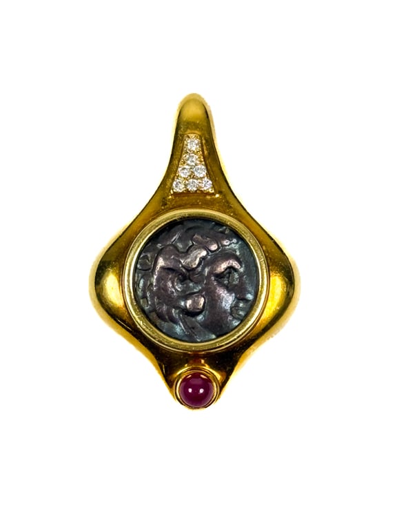 18K GOLD COIN PENDANT w DIAMONDS and RUBY (1 of 8)