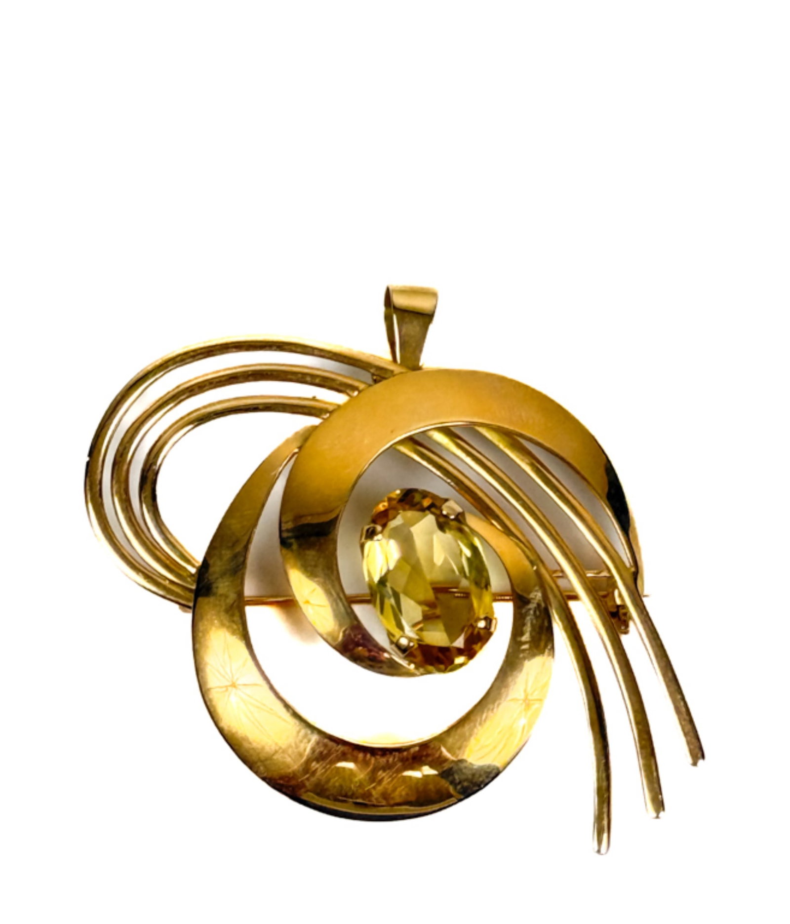 18K GOLD BROOCH w CITRINE: Marked. Citrine measures 17 x 11 mm. Total height 2 1/2 inches. gross weight 13.59 grams.