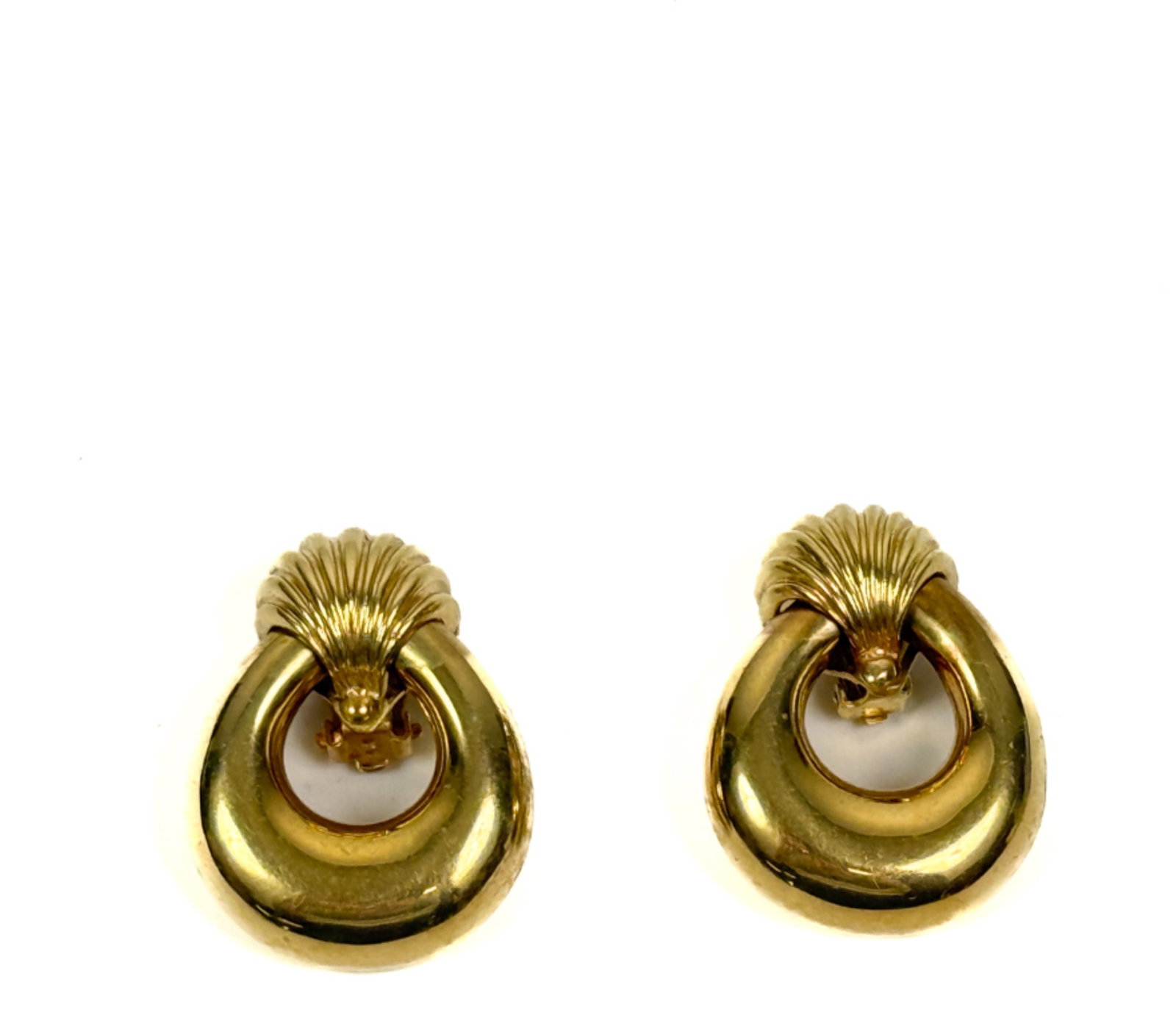PAIR 14K GOLD DOOR KNOCKER EARRINGS: Clip on. 1 1/2 inches. 28.39 grams.