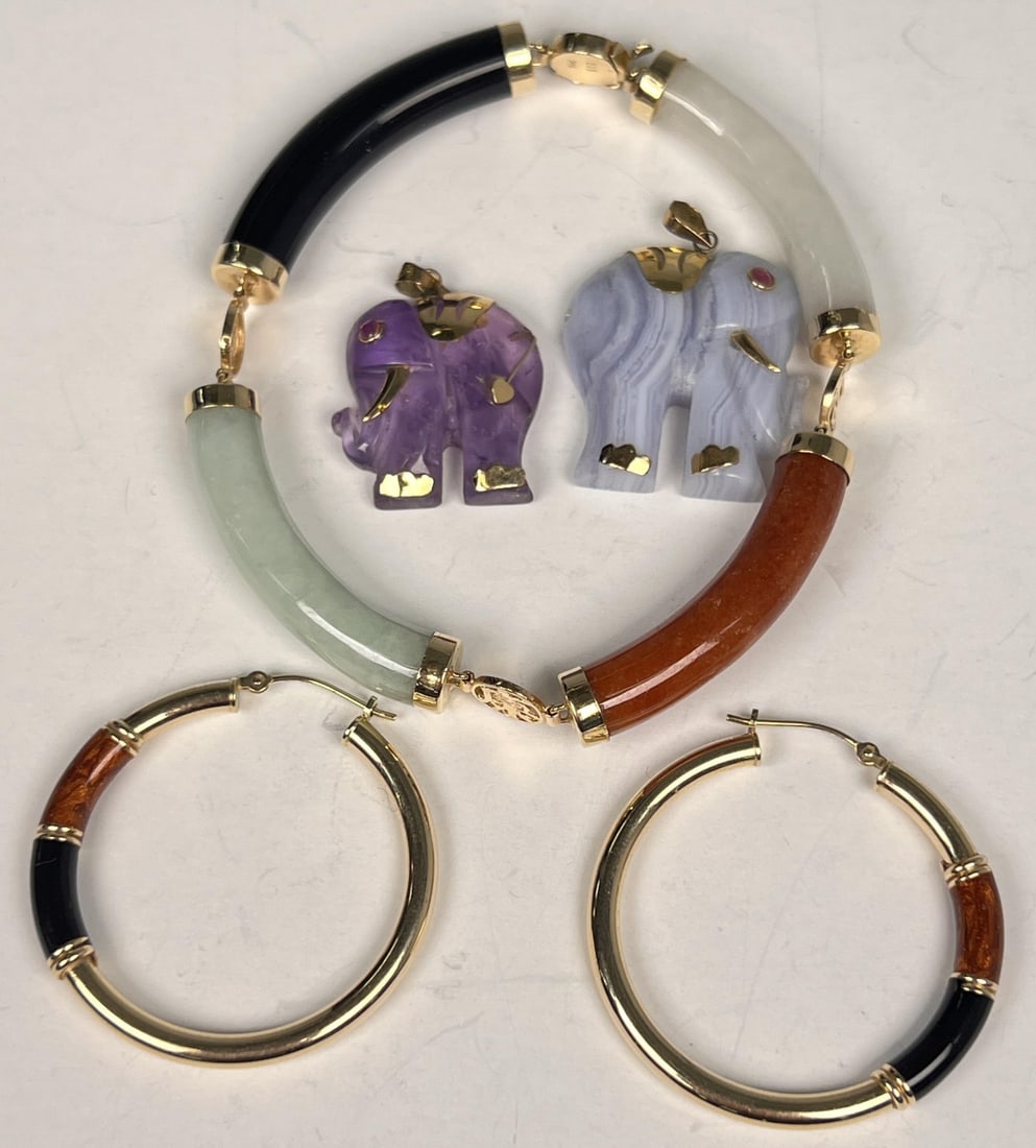 14K GOLD AND HARDSTONE JEWELRY LOT: Bracelet 2 3/4" dia. All marked 14k