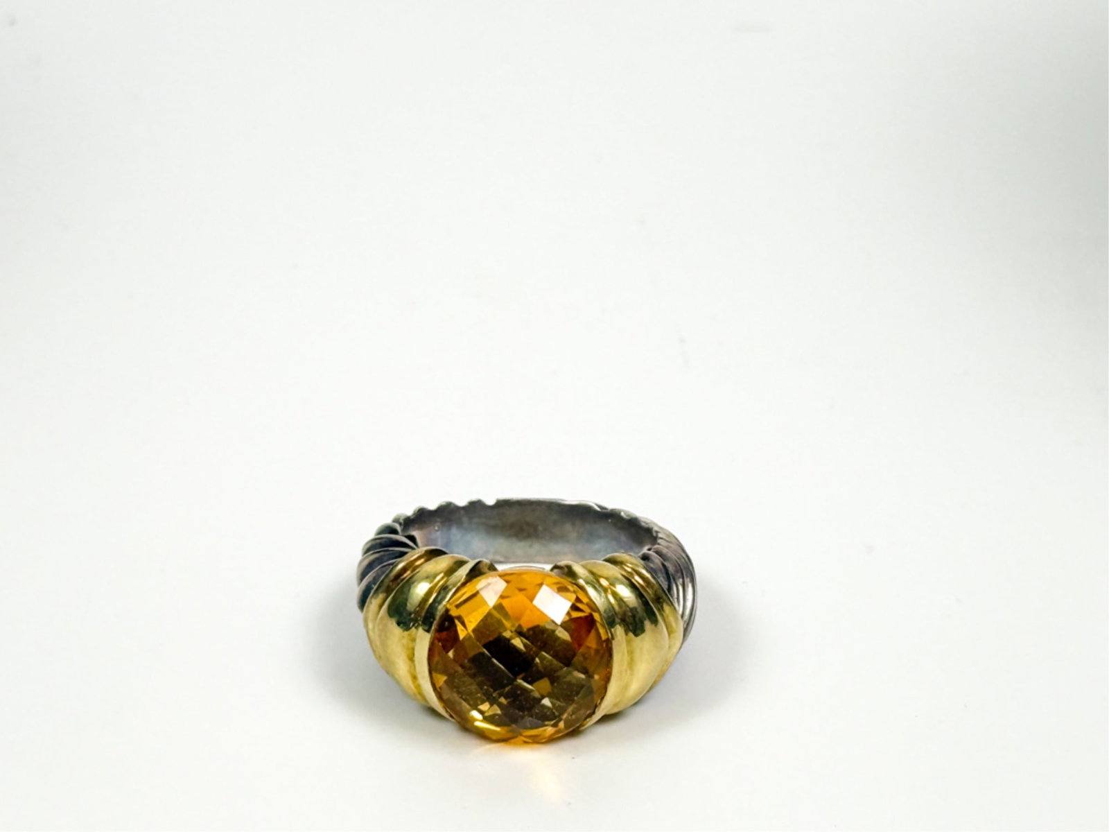 DAVID YURMAN 14K GOLD & STERLING CABLE RING: With faceted 12 mm Citrine. Ring size 6. Gross weight 9.94 grams.