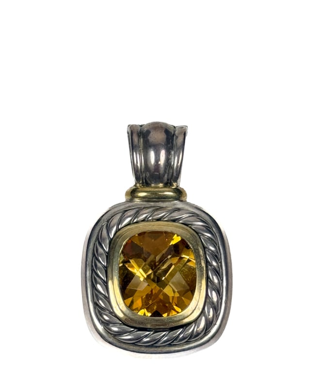 DAVID YURMAN 14K GOLD & STERLING ENHANCER PENDANT: With 16 x 14 mm citrine. Gross weight 24.80 grams.