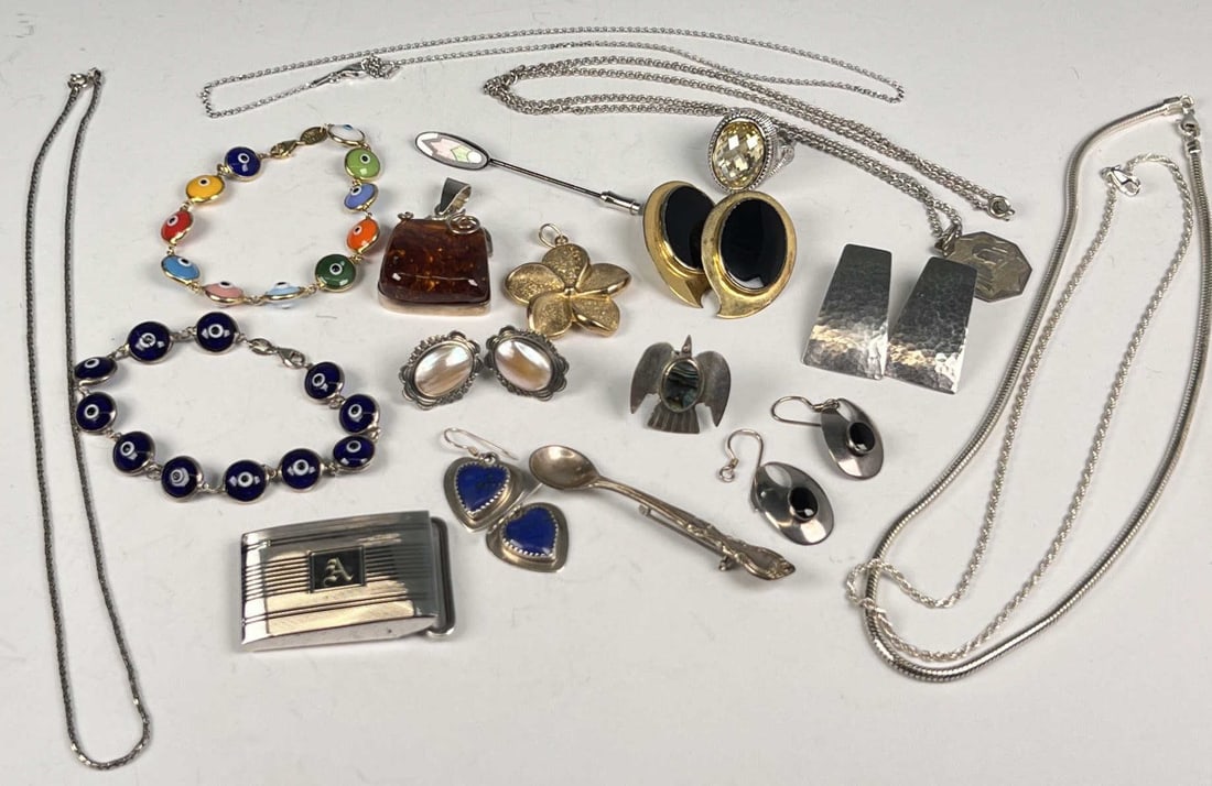 GROUPING OF STERLING SILVER JEWELRY, ETC: 2.41 OZT weighable