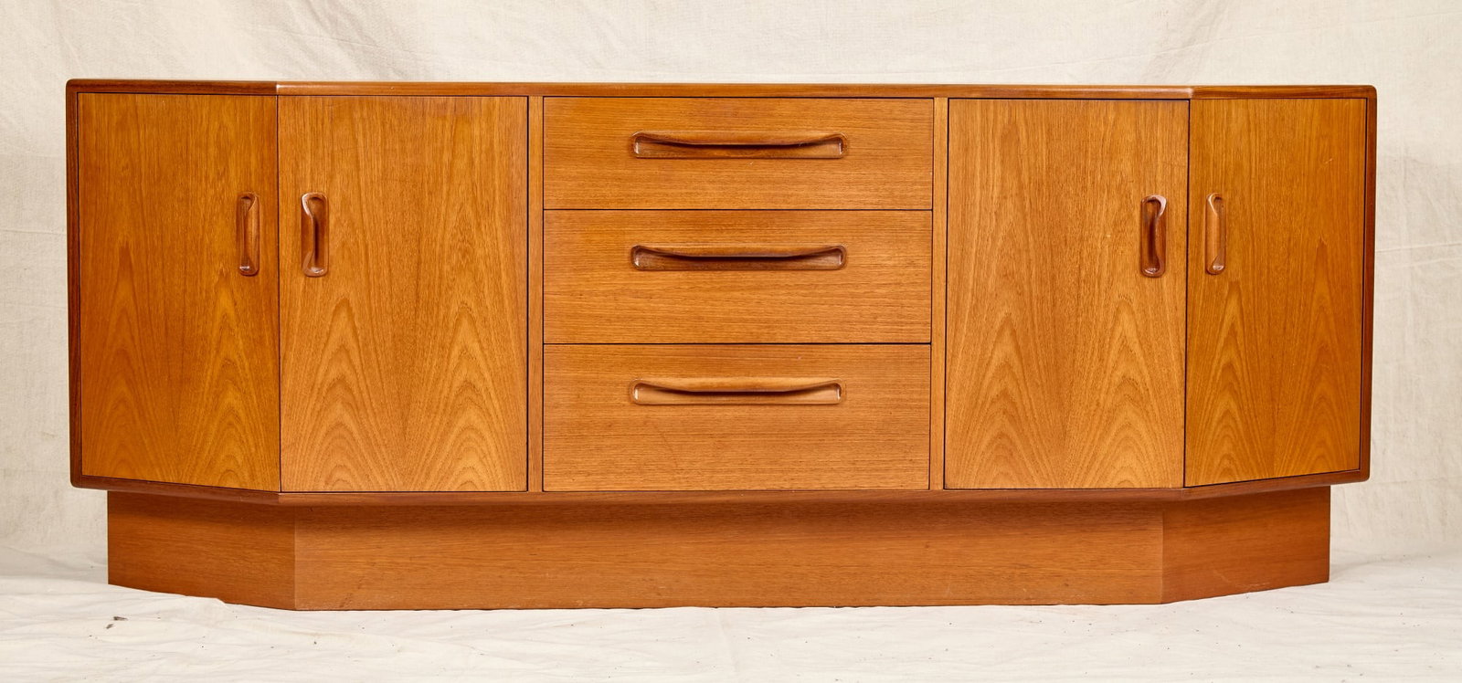 1960s G PLAN "HEX" SIDEBOARD: Center drawer divided for utensils. Labeled 29 x 72 1/2 x 17 1/2 inches