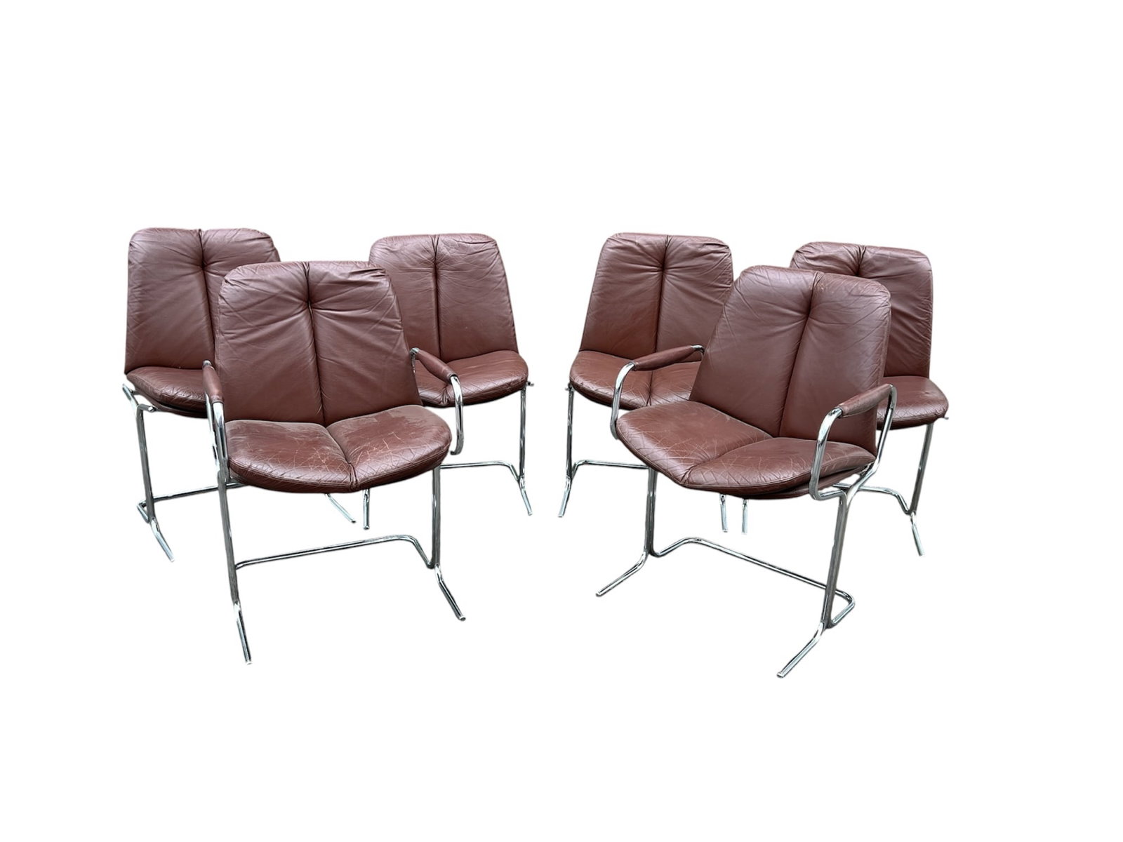SET of (6) PIEFF LEATHER UPHOLSTERED CHROME CHAIRS: Including: (2) armchairs and (4) side chairs 34 x 22 x 22 inches