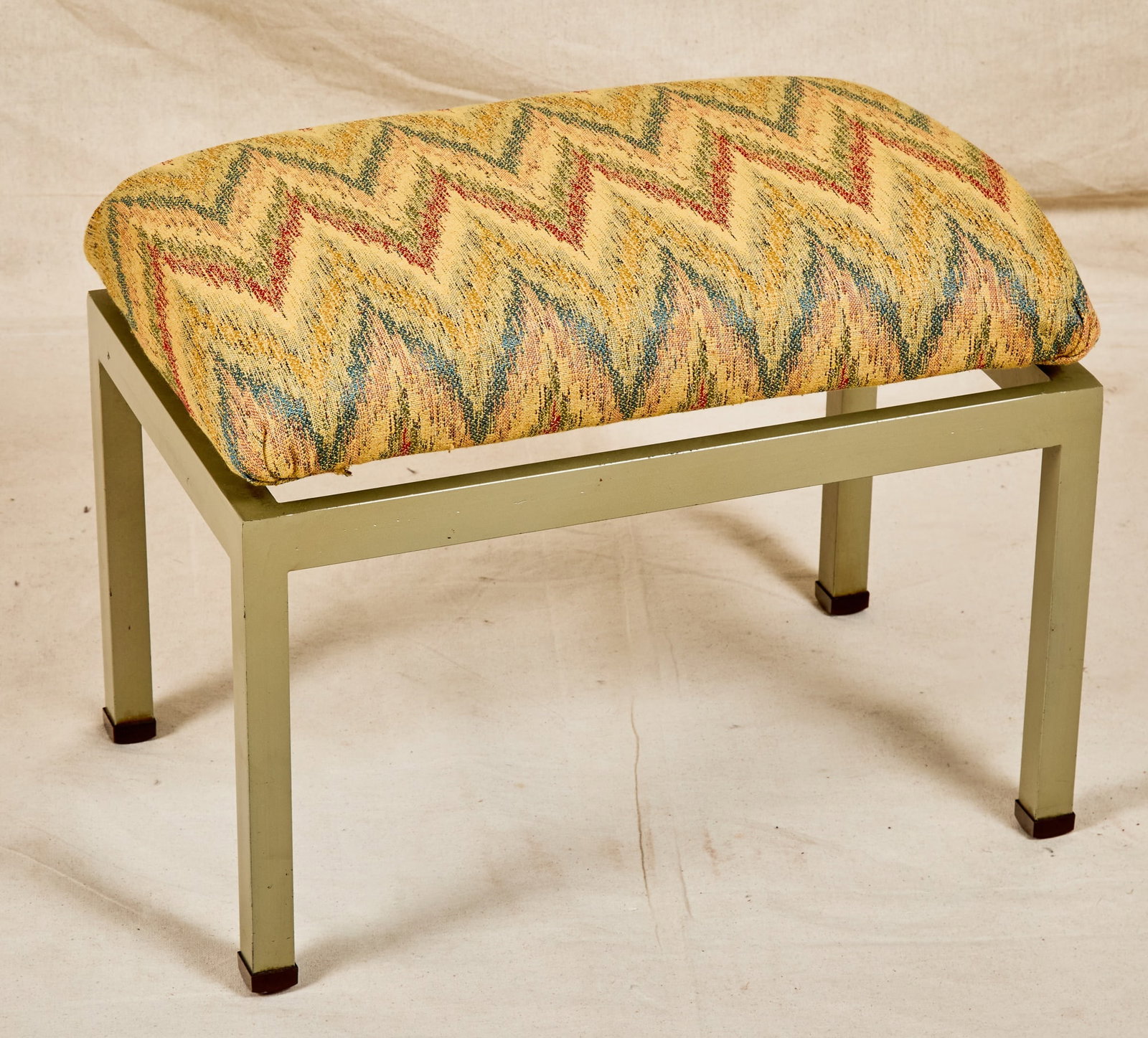 G PLAN MID-CENTURY "LIMBA" VANITY STOOL: Flame stitch upholstered seat on sage painted steel base. 16 x 20 1/2 x 13 inches.