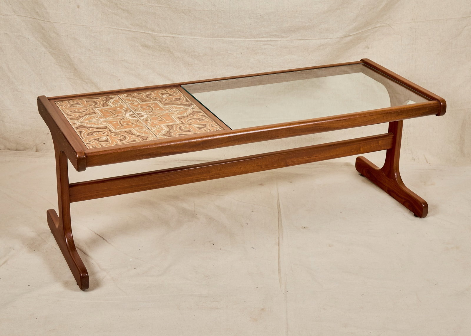 G PLAN MID-CENTURY GLASS & TILE TOP COFFEE TABLE: With geometric ceramic tiles. 18 x 47 1/2 x 20 inches.