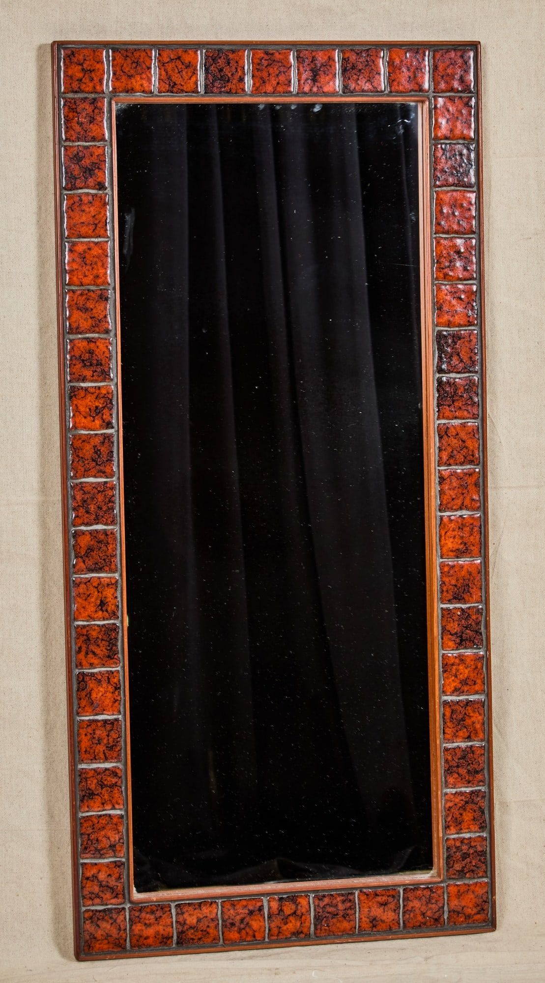 DANISH MODERN TEAK & TILE MIRROR: Stamped Made in Denmark. 39 1/2 x 19 inches.