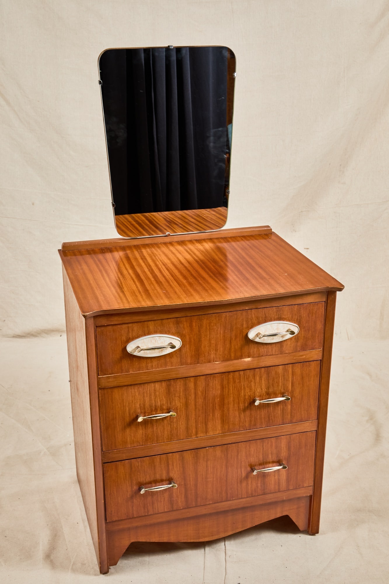 ART DECO TEAK VANITY: Frameless mirror, shaped top, chrome & faux marble pulls. 50 x 25 x 19 inches.