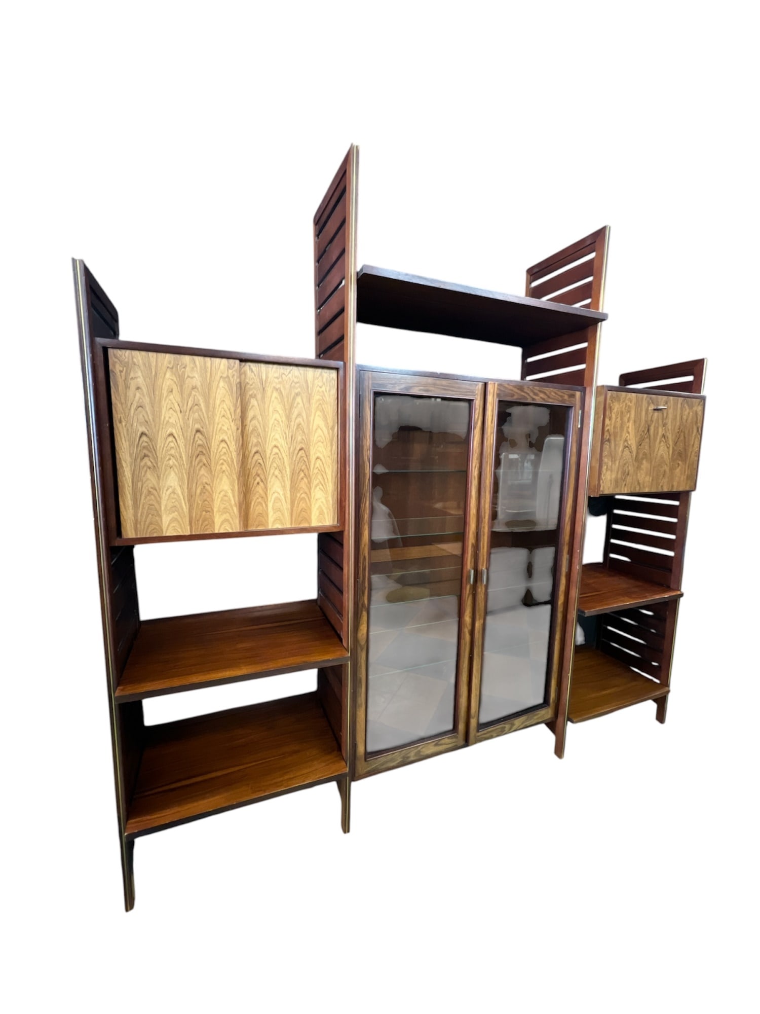 STAPLES LADDERAX MID-CENTURY MODULAR SHELF UNIT: Cabinets & shelves rest on steel cross members which are supported on the wooden ladder frame. Must be leaned against a wall. 79 x 85 x 15 inches.