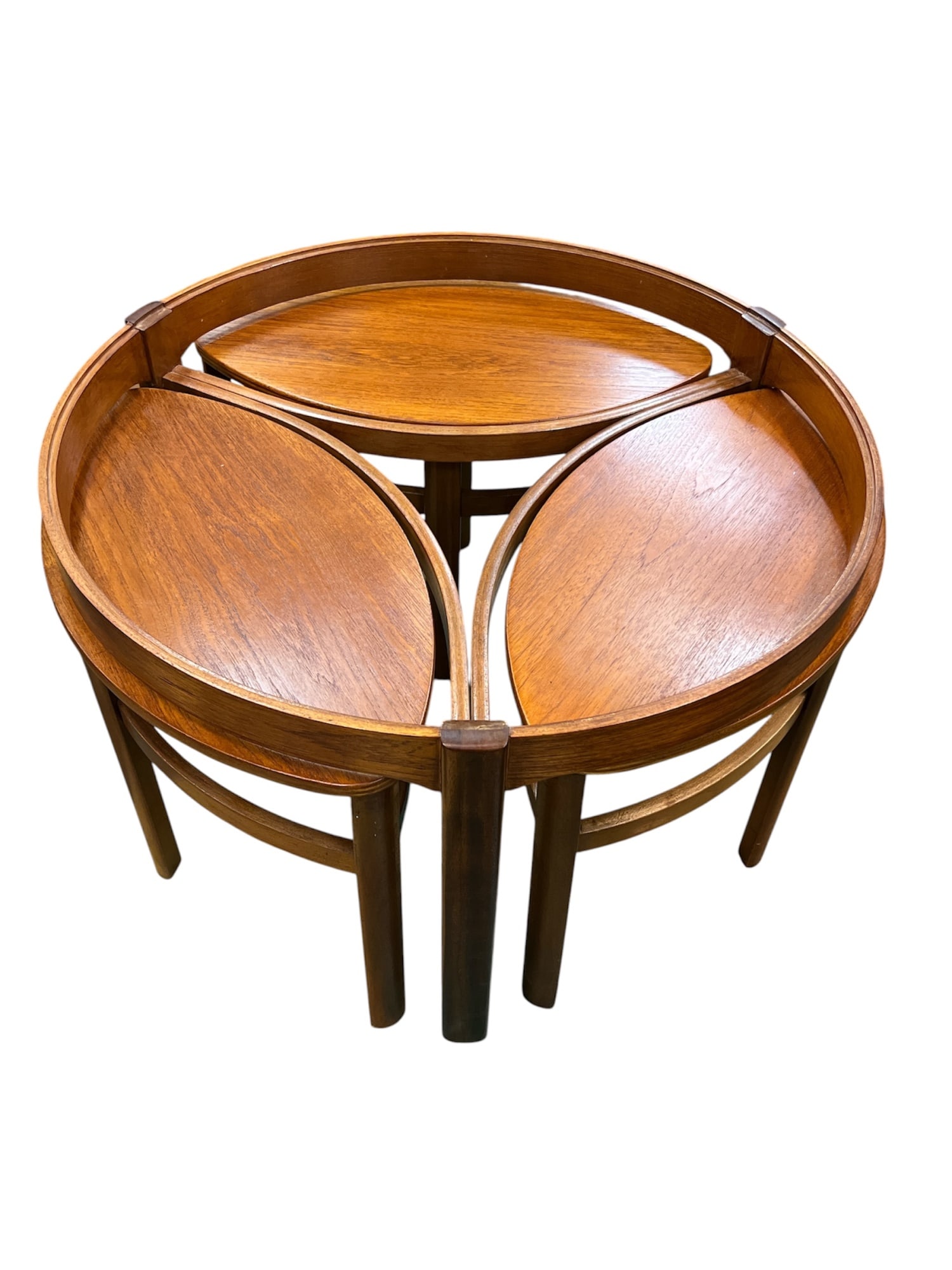 (3) NATHAN MID-CENTURY "TRINITY" NESTING TABLES: (3) almond shaped side tables nest in the large circular table. 20 x 32 1/2 inches.
