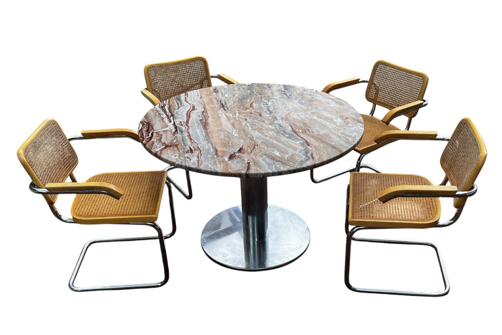(4) MARCEL BREUER SIDE CHAIRS & MARBLE TOP TABLE: (4) Marcel Breuer "Cesca" armchairs and a marble top chrome table. Table 29 1/2 x 44 1/4 inches.