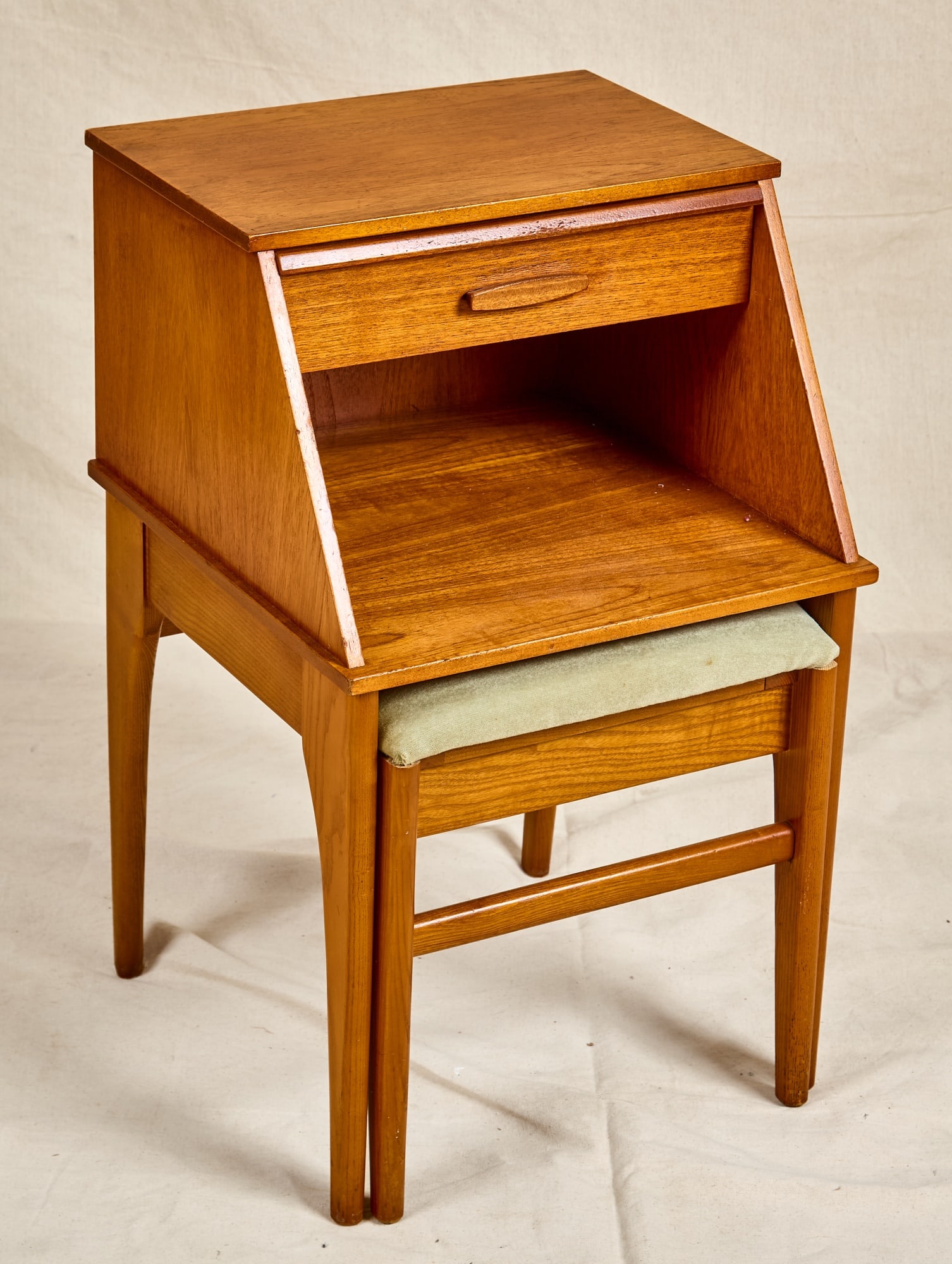 ORIGINAL CHIPPY TELEPHONE SEAT: Slide-out number shelf with pen holder over single drawer and pull-out upholstered seat. 27 x 16 1/2 x 16 1/2 inches (not including retracted 13 inch seat)