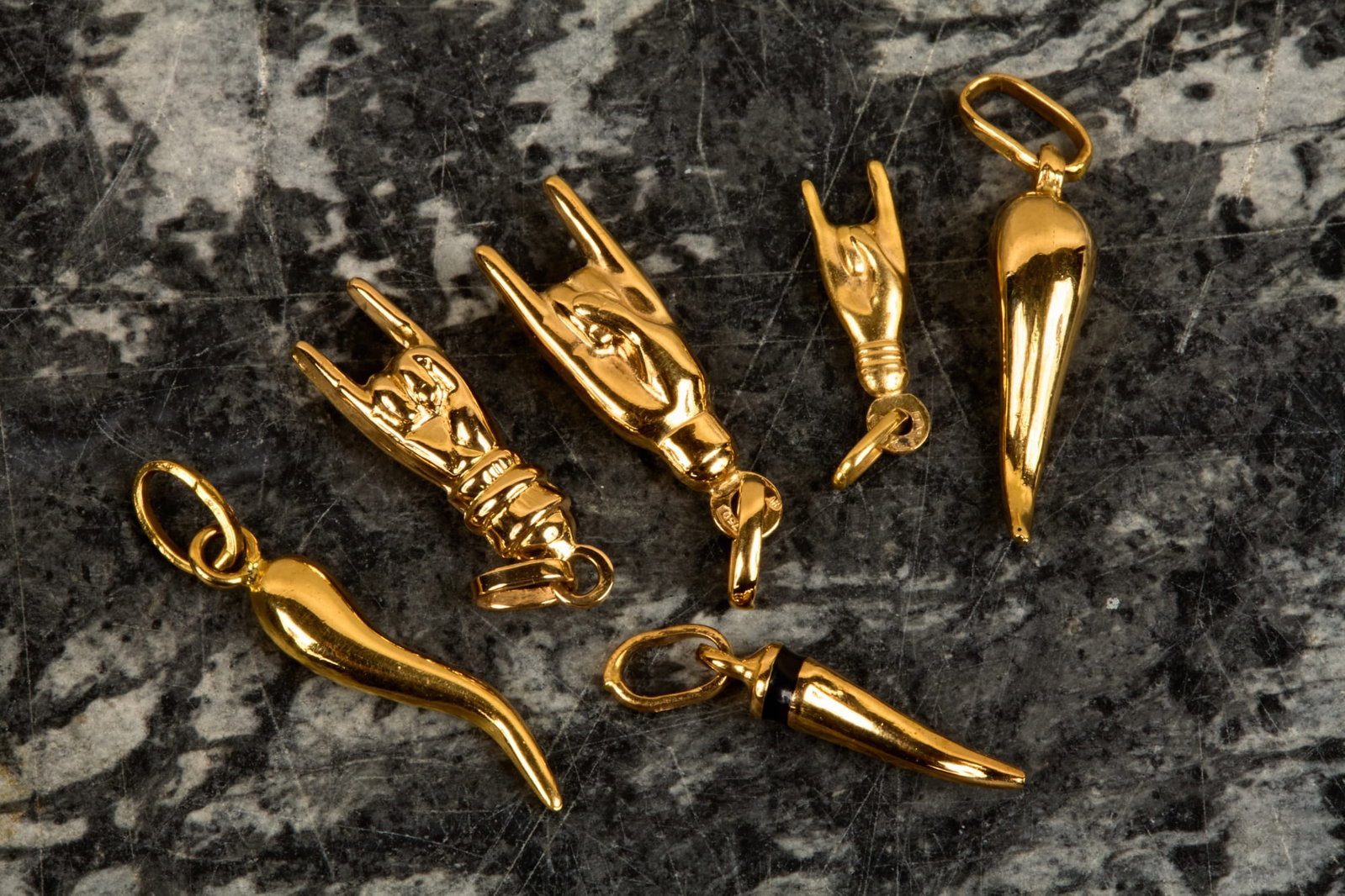 (6) 18K GOLD CHARMS or DROPS: 5.7 dwt.
