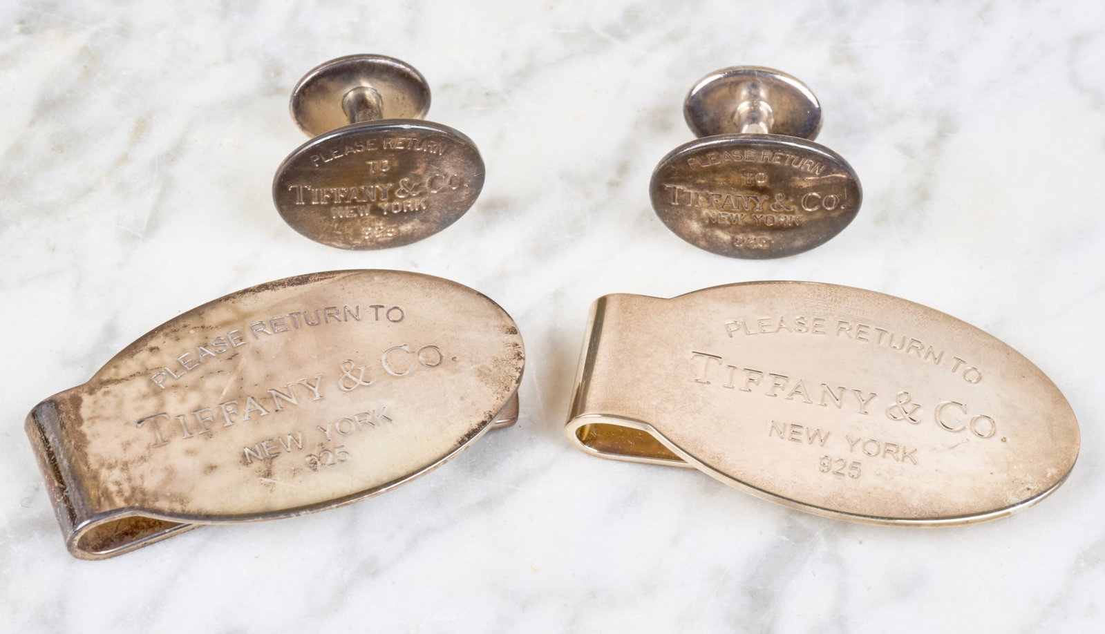 TIFFANY & CO STERLING MONEY CLIPS & CUFFLINKS: "Please return to Tiffany and Co New York 925". 1.54 ozt.