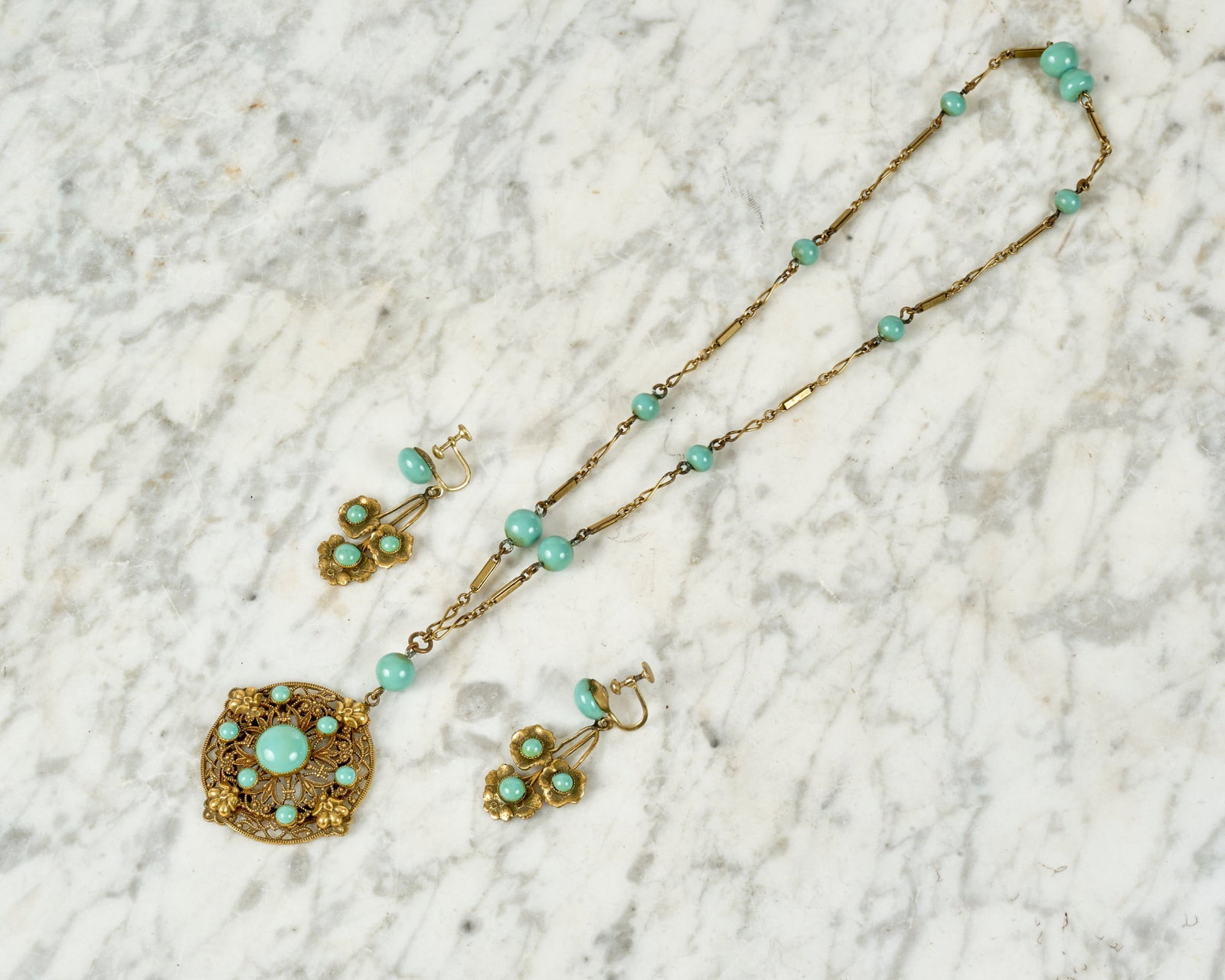 VICTORIAN BRASS & ENAMEL NECKLACE & EARRING SET (1 of 5)