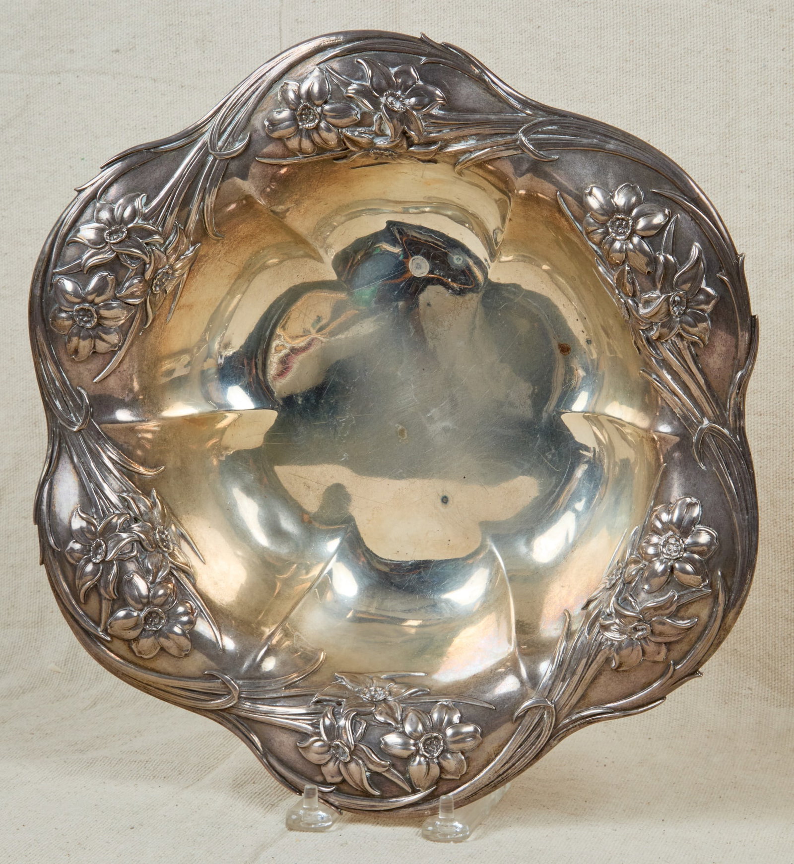 WHITING MFG. CO STERLING BOWL with FLORAL RIM: 2 3/4 x 12 1/2 inches. 26.63 troy ounces