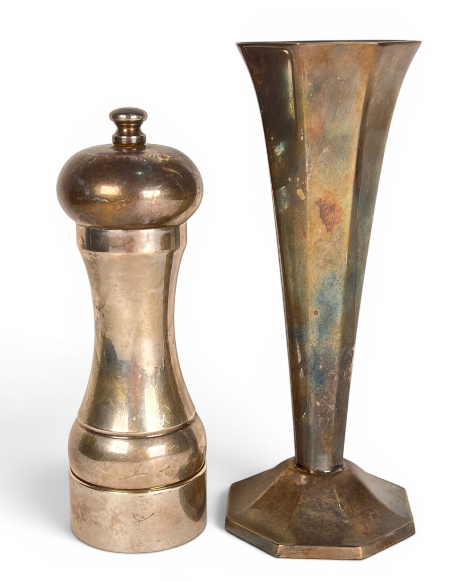 M.C. HERSEY & SON STERLING PEPPER GRINDER & VASE: Vase by Ercuis, France. 6 and 7 inches